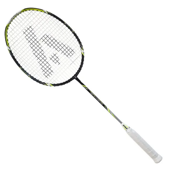 Black tennis racket displayed on a white background