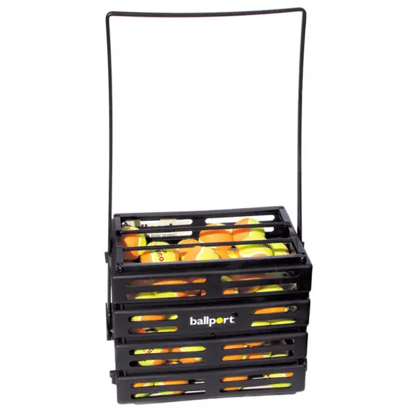 Round blue and white ballport basket with multiple openings for holding tennis balls.