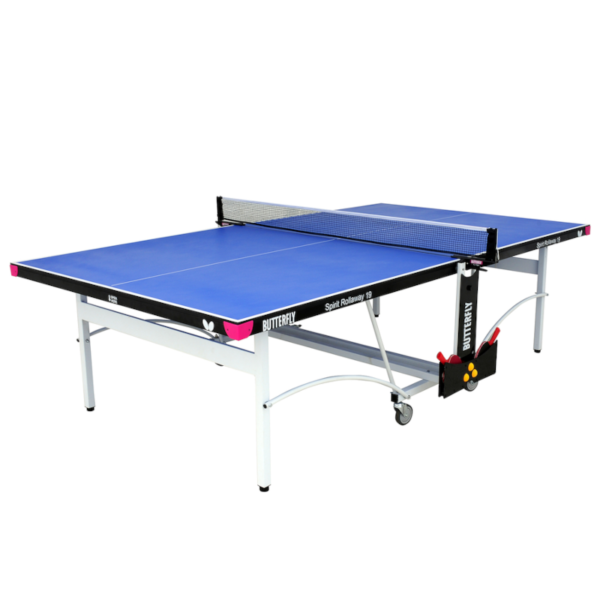 Blue and white tennis racket on a white background.