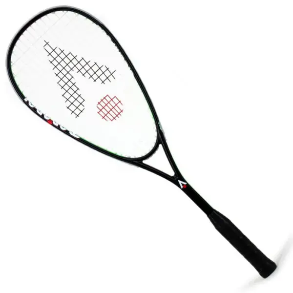 Tennis racket with vibrant orange strings and a black grip.
