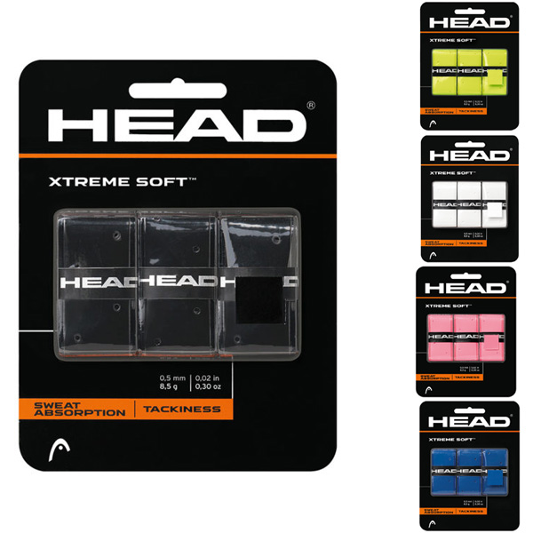 Head XtremeSoft Overgrip 3 Pack mixed color - a close-up image of three overgrips for tennis rackets in various colors.