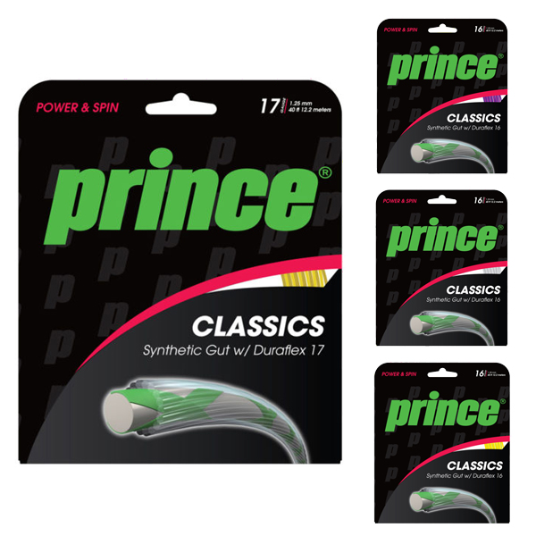 Packets of Prince Synthetic Gut Duraflex tennis strings.