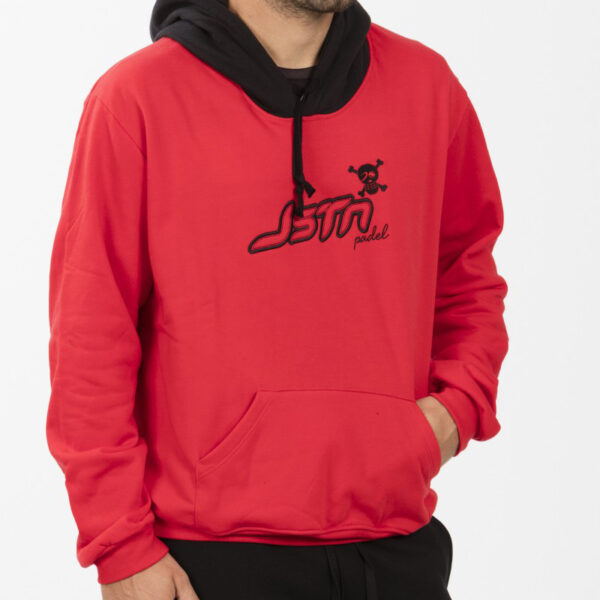 A man wearing a red hoodie with the brand name Inko printed on it.