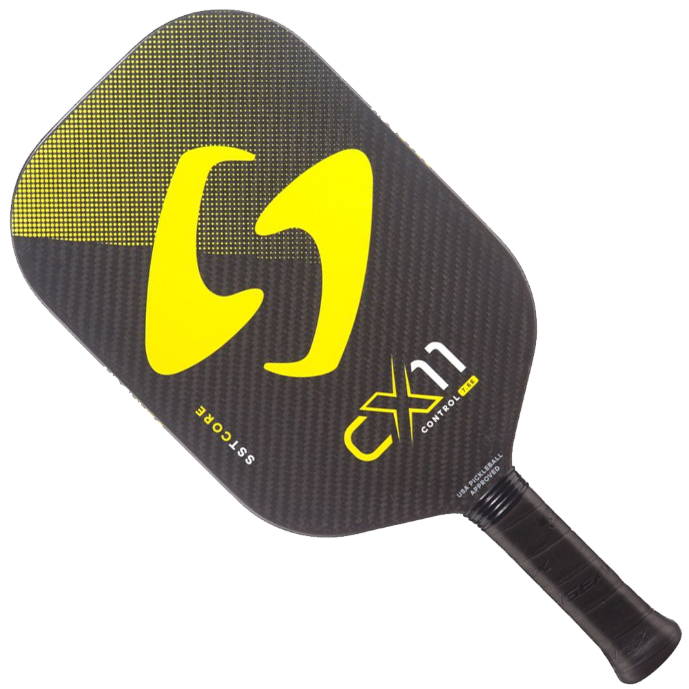 tennis racket with a blue grip and strings.