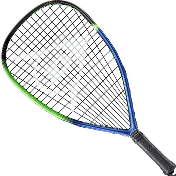 Tennis racket with yellow strings and black grip